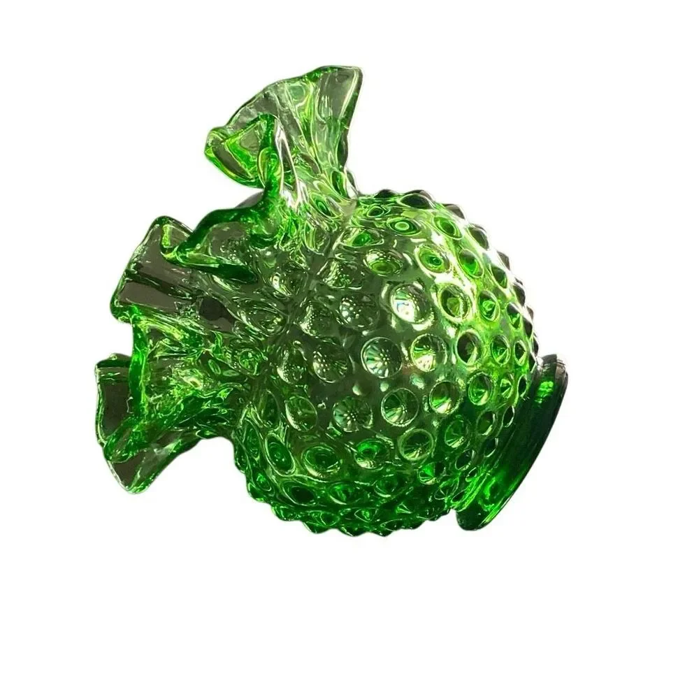 VTG Fenton Glass Vase Spring Time Green Hobnail RoseBowl Ruffled Edge MCM MARKED